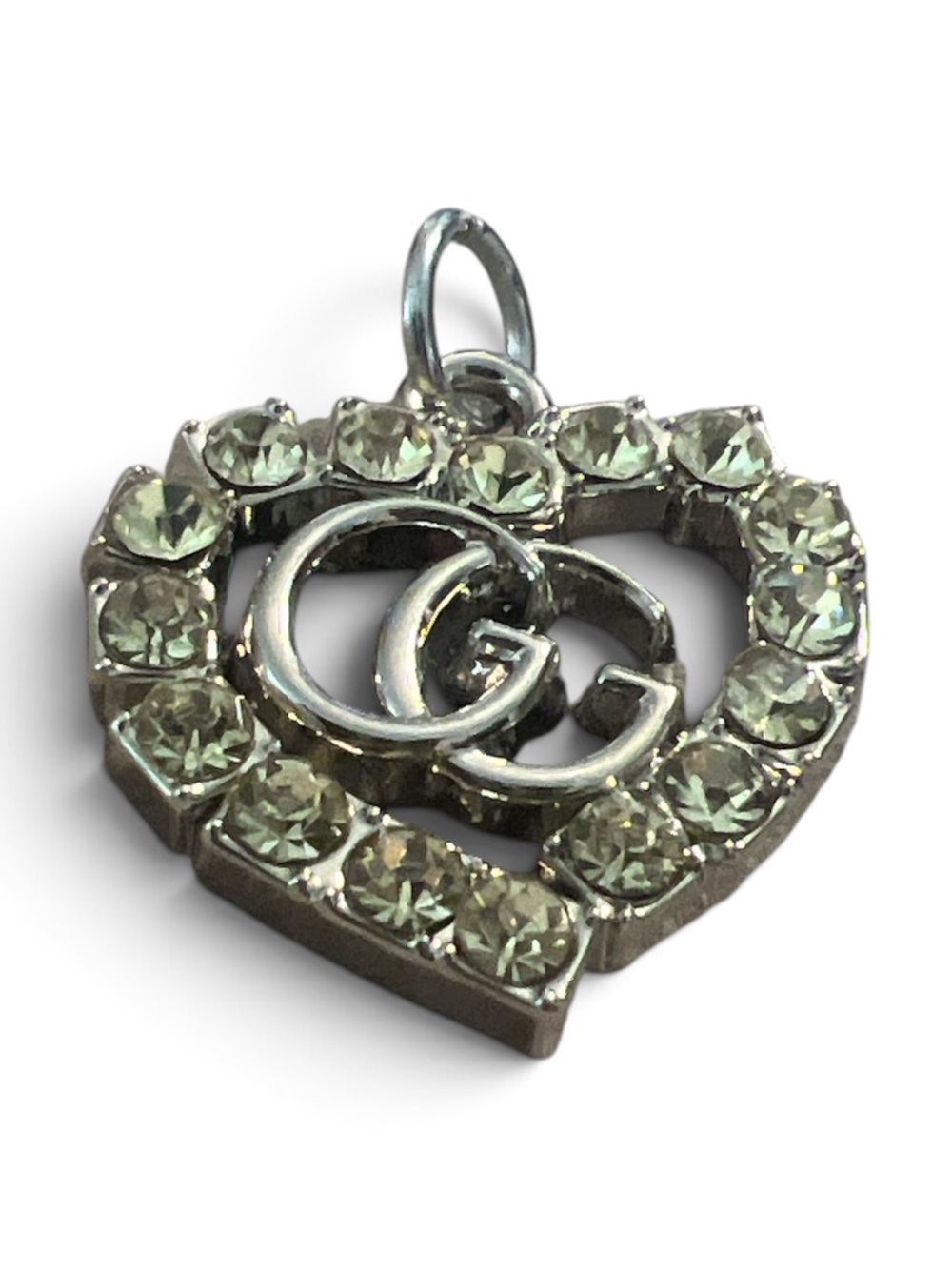 Gucci GG Heart Crystal Zipper Pull Charm Silver Tone Pale Green Vintage